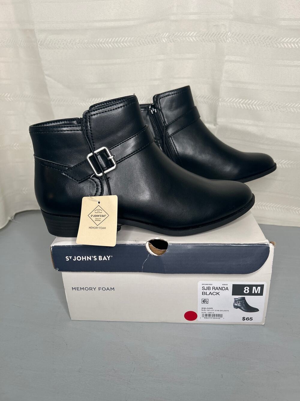 St. John's Bay Randa Flat Block Heel Bootie Black Faux Leather Size 8 M New